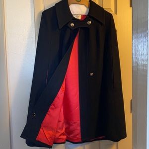 Vintage Black Wool Cape with Red Lining.  Made in England.